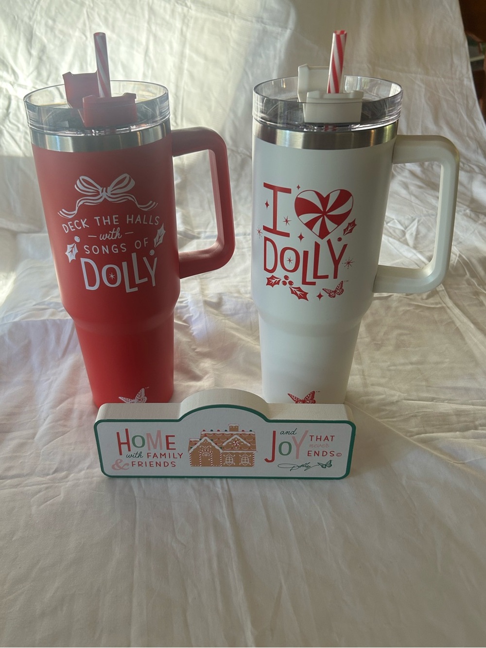 NEW Dolly Parton Christmas collection tumblers and sign